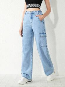 青少年女孩側翻蓋口袋工裝牛仔褲 - 淺色水洗藍 - 查看 8