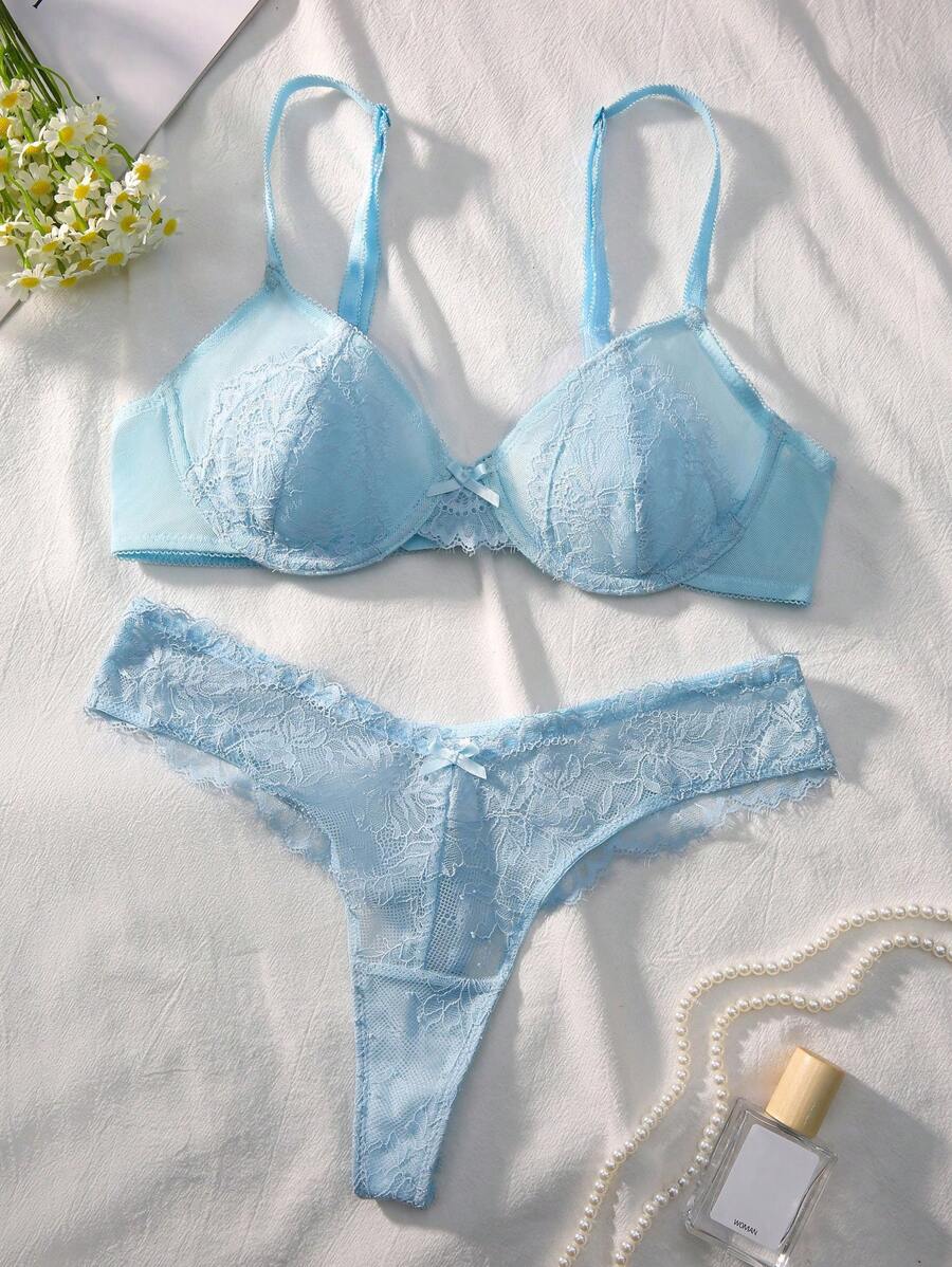 Set de lencería con encaje floral con aro - Celeste - Ver 1