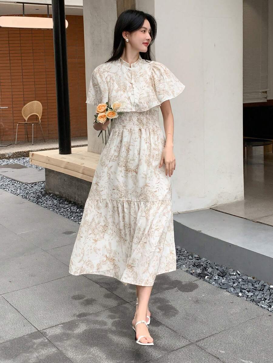 DAZY Đầm suông in họa tiết xếp li nhún bèo nhún toàn thân - Cà phê nâu - Xem 1