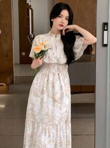 DAZY Đầm suông in họa tiết xếp li nhún bèo nhún toàn thân - Cà phê nâu - Xem 4