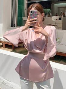 DAZY Solid Cowl Neck Peplum Blouse Long Sleeve Top