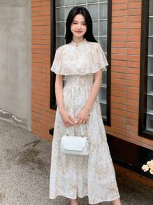 DAZY Đầm suông in họa tiết xếp li nhún bèo nhún toàn thân - Cà phê nâu - Xem 6