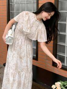 DAZY Đầm suông in họa tiết xếp li nhún bèo nhún toàn thân - Cà phê nâu - Xem 7