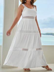 SHEIN VCAY Plus Contrast Lace Ruffle Hem Cami Dress - White - View 1