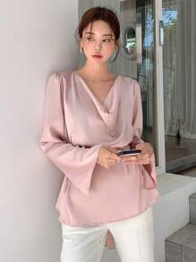 DAZY Solid Cowl Neck Peplum Blouse Long Sleeve Top