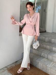 DAZY Solid Cowl Neck Peplum Blouse Long Sleeve Top