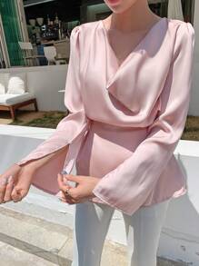 DAZY Solid Cowl Neck Peplum Blouse Long Sleeve Top
