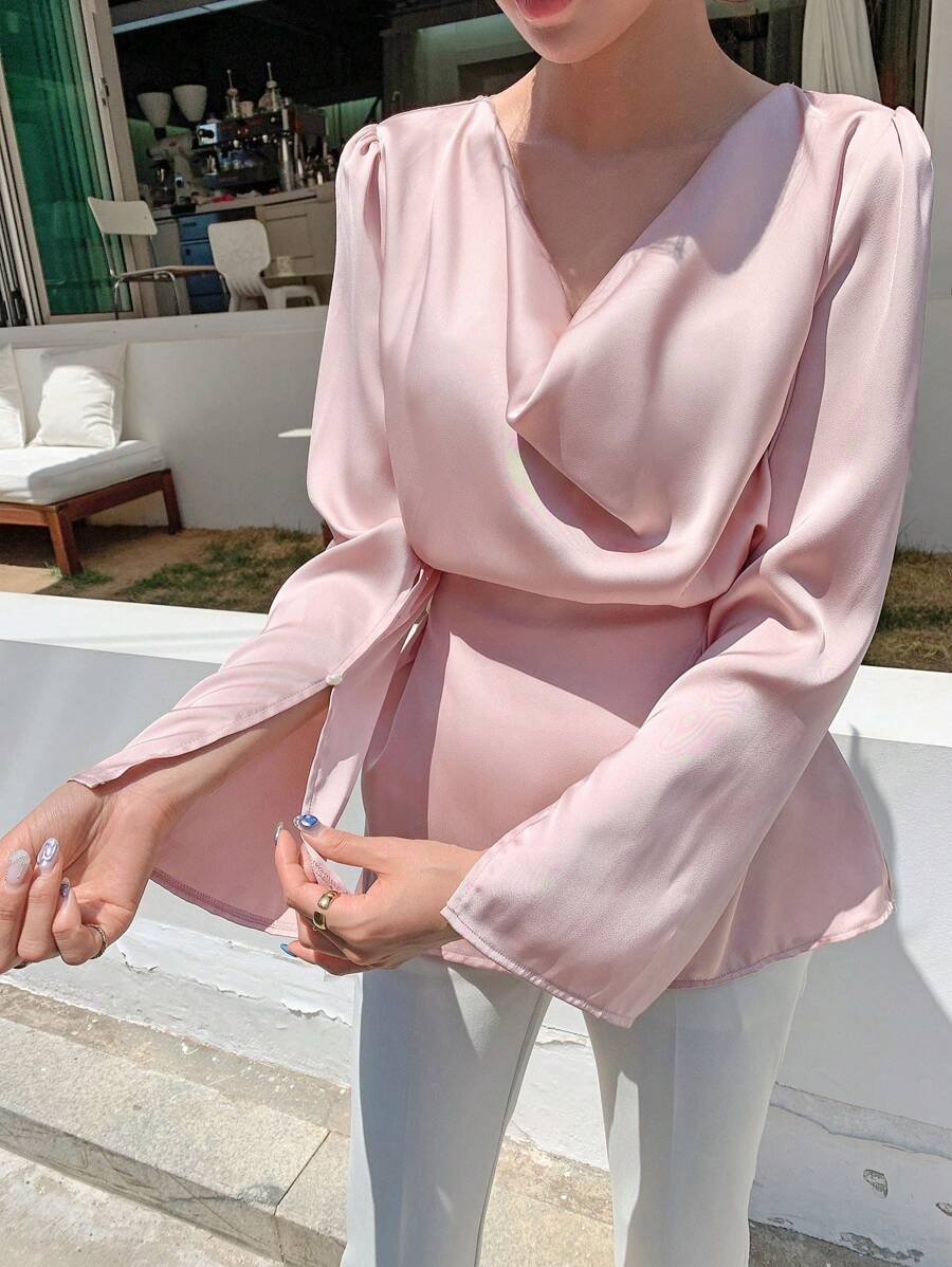 DAZY Solid Cowl Neck Peplum Blouse Long Sleeve Top