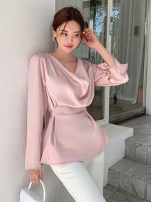 DAZY Solid Cowl Neck Peplum Blouse Long Sleeve Top