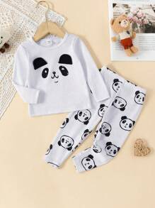 Baby Boy Panda Print 3D Ear Patched Detail Snug Fit PJ Set - Grey - View 1