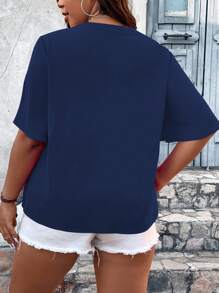 Celure 大碼亮片拼接缺口領蝴蝶袖襯衫 - 藏蓝色 - 查看 2