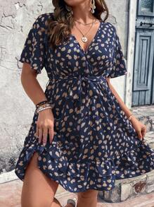 Breezaya Plus Allover Print Ruffle Hem Belted Dress