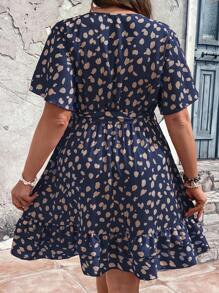 Breezaya Plus Allover Print Ruffle Hem Belted Dress