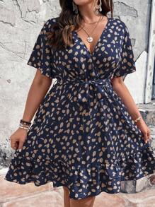 Breezaya Plus Allover Print Ruffle Hem Belted Dress