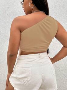 SHEIN EZwear 大碼單肩手帕下擺上衣 - 卡其色 - 查看 2