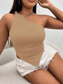 SHEIN EZwear 大碼單肩手帕下擺上衣 - 卡其色 - 查看 3