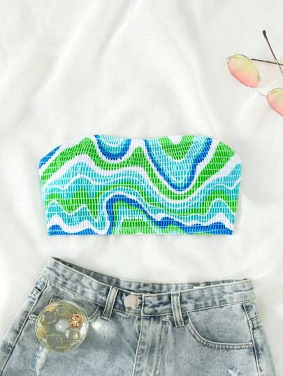 夏季全身印花钩针抹胸比基尼上衣