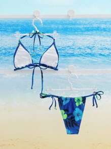 SHEIN 熱帶圖案吊脖側繫帶比基尼泳裝 - 彩色 - 查看 2