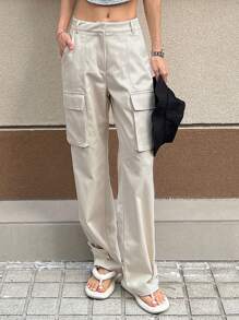 Dazy Designer Solid Flap Pocket Side Cargo Pants - Beige - View 1