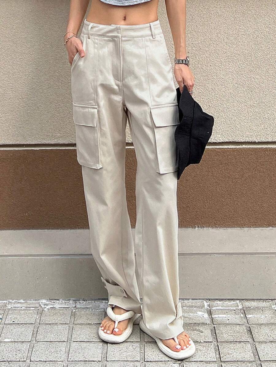 Dazy Designer Solid Flap Pocket Side Cargo Pants - Beige - View 1