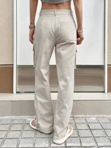 Dazy Designer Solid Flap Pocket Side Cargo Pants - Beige - View 2
