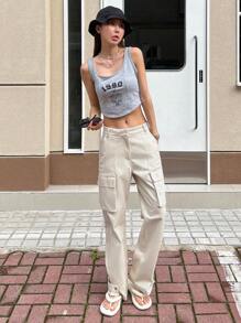 Dazy Designer Solid Flap Pocket Side Cargo Pants - Beige - View 3