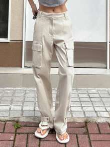 Dazy Designer Solid Flap Pocket Side Cargo Pants - Beige - View 4