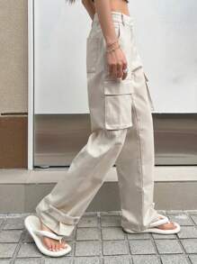 Dazy Designer Solid Flap Pocket Side Cargo Pants - Beige - View 6