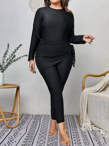 Swim Mulvari Plus Solid High Neck Full Cover Burkini Swimsuit With Cover Up - Black - View 1