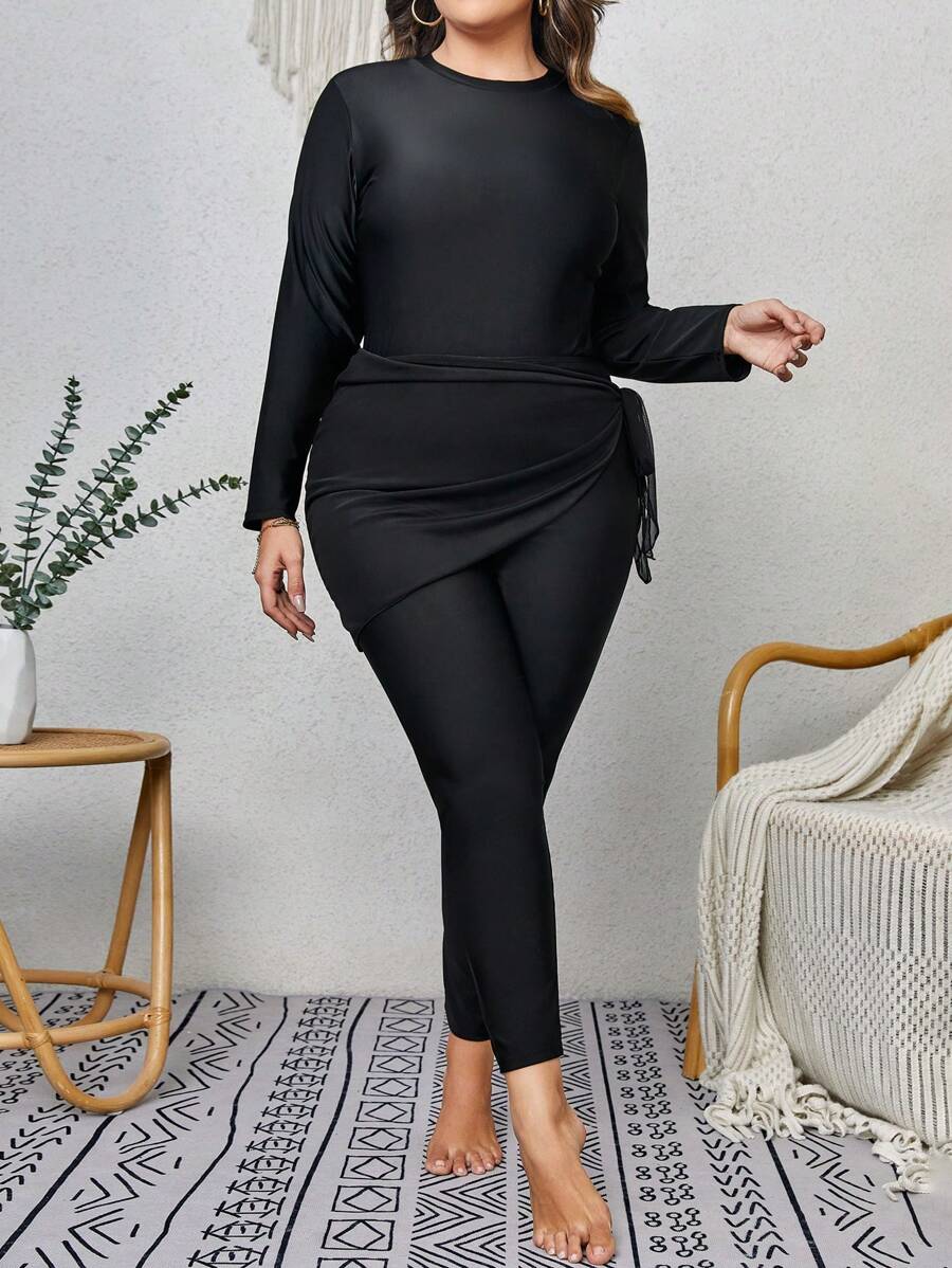 Swim Mulvari Plus Solid High Neck Full Cover Burkini Swimsuit With Cover Up - Black - View 1