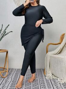 Swim Mulvari Plus Solid High Neck Full Cover Burkini Swimsuit With Cover Up - Black - View 4