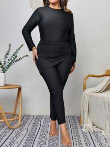 Swim Mulvari Plus Solid High Neck Full Cover Burkini Swimsuit With Cover Up - Black - View 5