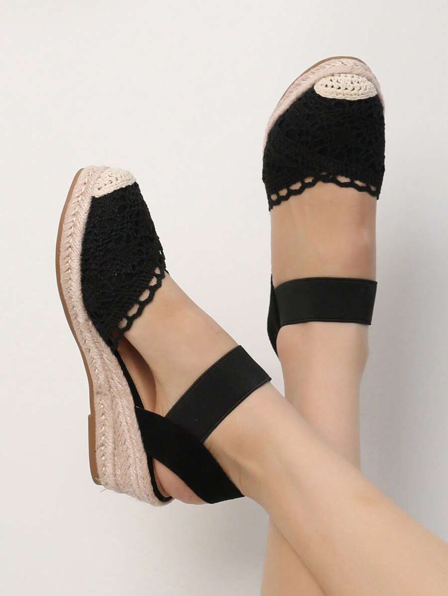 女式踝帶草編坡跟鞋，度假戶外坡跟鞋