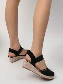 女式踝帶草編坡跟鞋，度假戶外坡跟鞋