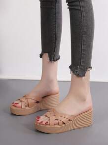 優雅坡跟涼鞋適用於女士編織細節坡跟涼鞋 - 杏色 - 查看 3