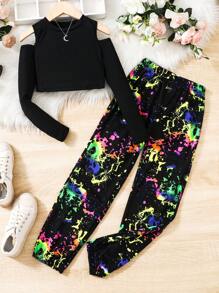 SHEIN Tween Girl Cold Shoulder Tee & Splash Ink Print Trousers - Black - View 1