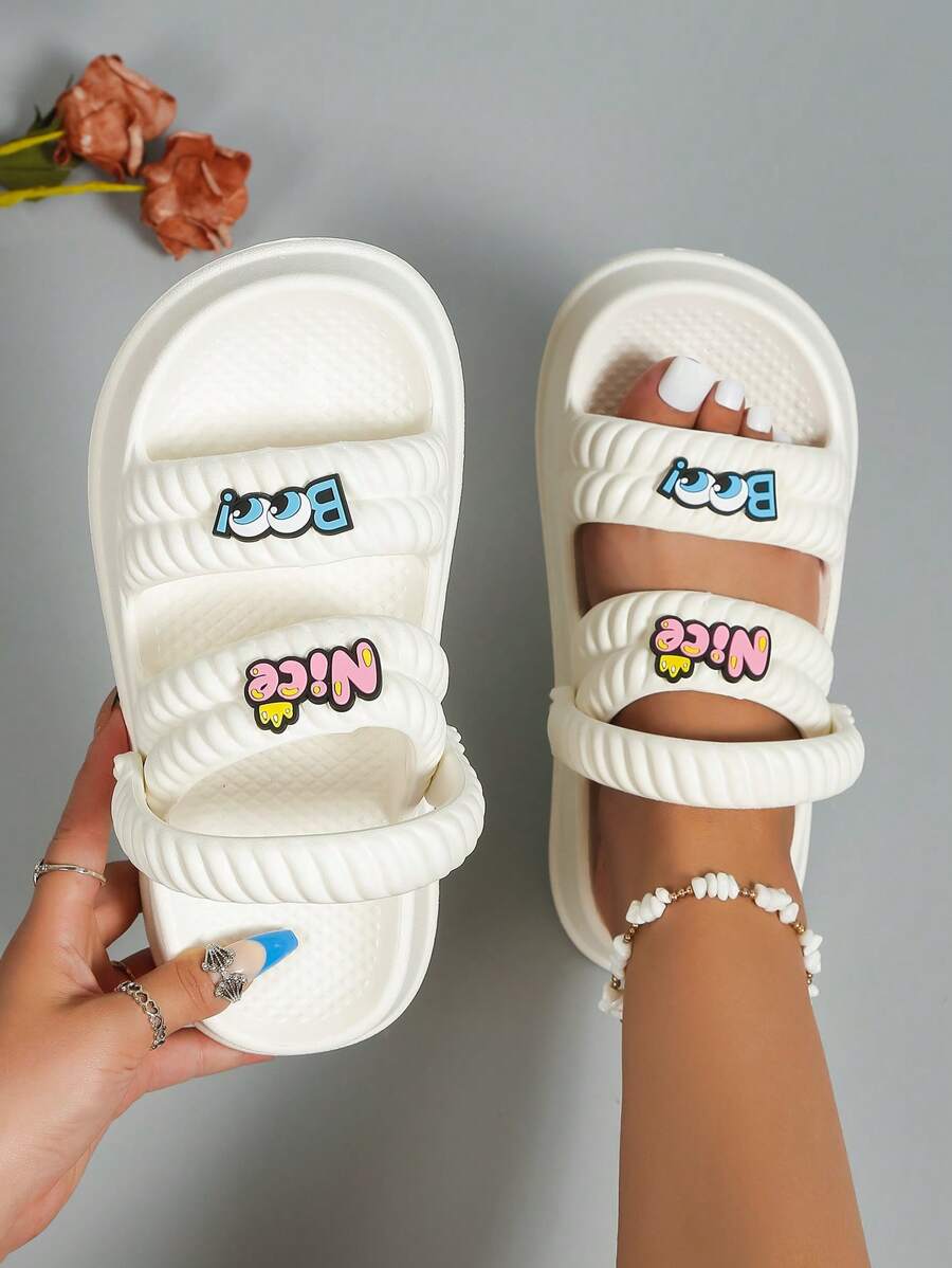 Women Cartoon Decor Multi-Way Wear Slides, Preppy White EVA Slides,Beach Outfits - White - View 1