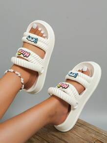 Women Cartoon Decor Multi-Way Wear Slides, Preppy White EVA Slides,Beach Outfits - White - View 3