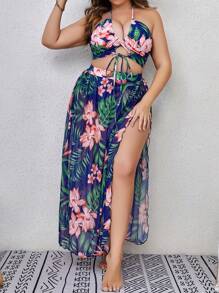 SHEIN Swim Curve Plus Size Tropical Print Halter Bikini Set With Beach Skirt Summer Beach