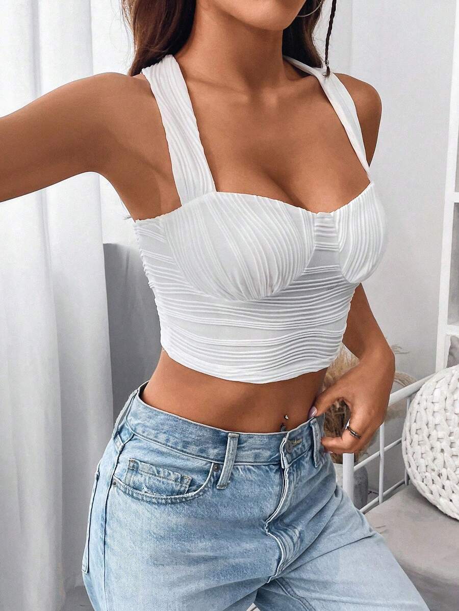 Solid Ruched Bust Crop Top - White - View 1