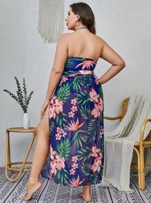 SHEIN Swim Curve Plus Size Tropical Print Halter Bikini Set With Beach Skirt Summer Beach