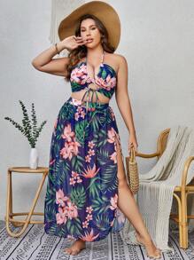 SHEIN Swim Curve Plus Size Tropical Print Halter Bikini Set With Beach Skirt Summer Beach