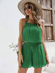 SHEIN Frenchy Solid Pleated Cami Top & Shorts - Green - View 3