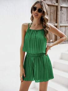 SHEIN Frenchy Solid Pleated Cami Top & Shorts - Green - View 4