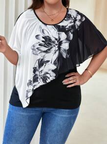 áo nữ kích thước lớn Bất đối xứng Xù Hoa Giải trí - Đen và trắng - Xem 5
