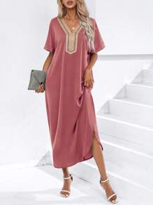 Modelyn Vestido con cinta en contraste de manga murciélago bajo con abertura - Color caoba - Ver 5