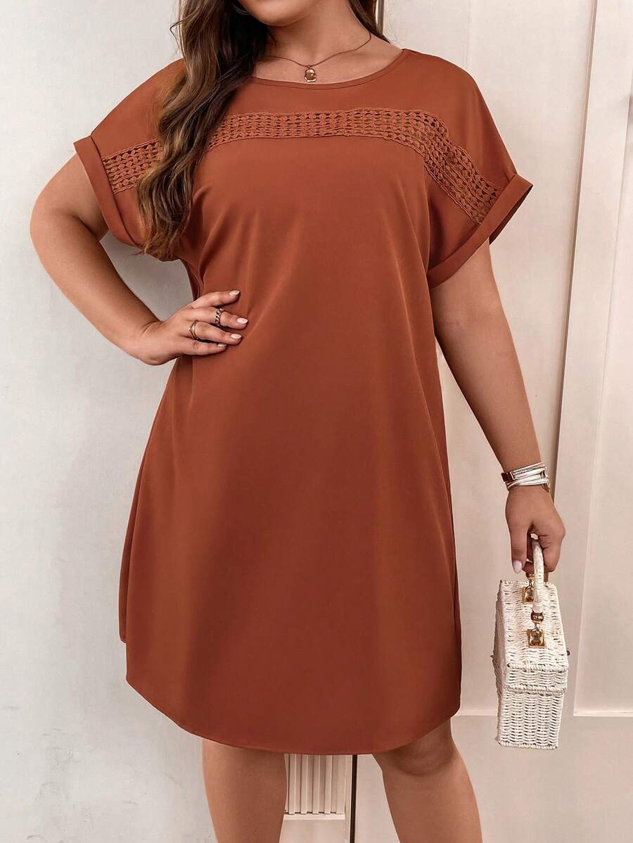 SHEIN LUNE Plus Contrast Lace Batwing Sleeve Dress - Redwood - View 1