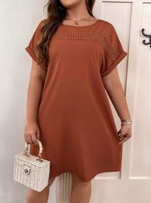 SHEIN LUNE Plus Contrast Lace Batwing Sleeve Dress - Redwood - View 3