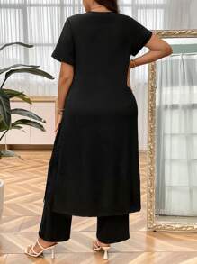 Plus Split Hem Longline Tee & Pants - Black - View 2