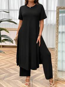 Plus Split Hem Longline Tee & Pants - Black - View 5